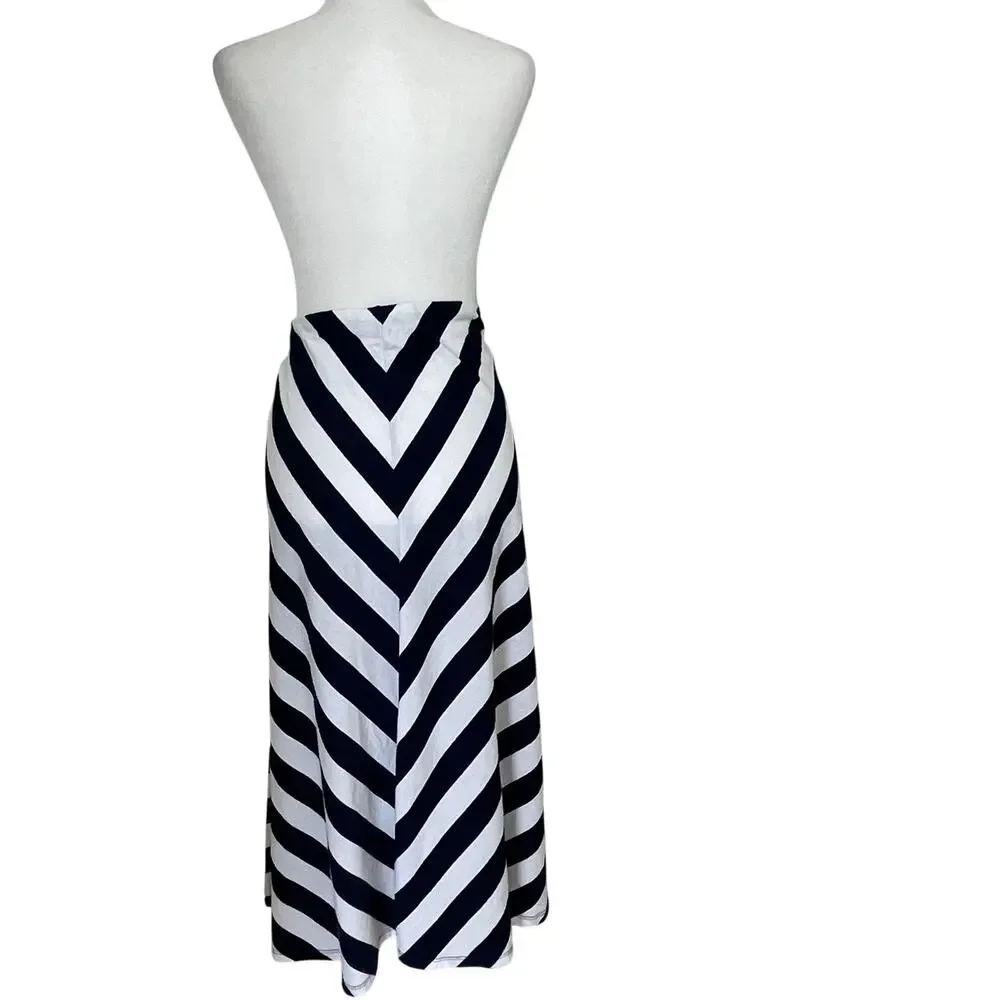 Chaps New Navy White Striped A-Line Midi Skirt XL Coastal -Preppy